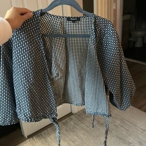 Gingham front cross tie blouse